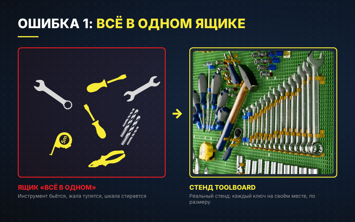 Ошибка «ящик всё в одном»: инструмент вперемешку против стенда