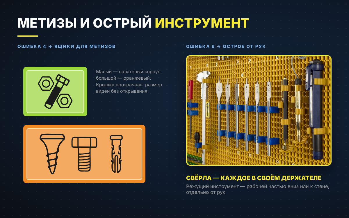 Метизы в прозрачных ящиках и режущий инструмент лезвием вниз