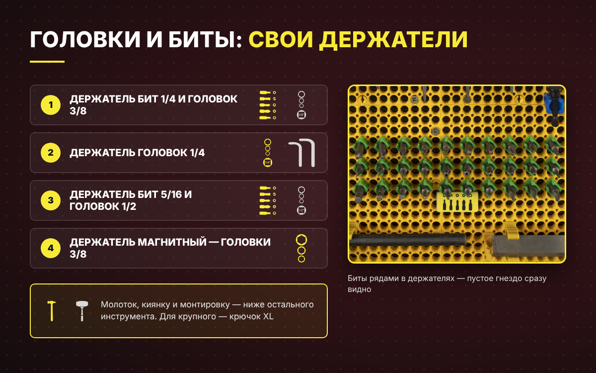 Держатели головок и бит ToolBoard по размерам