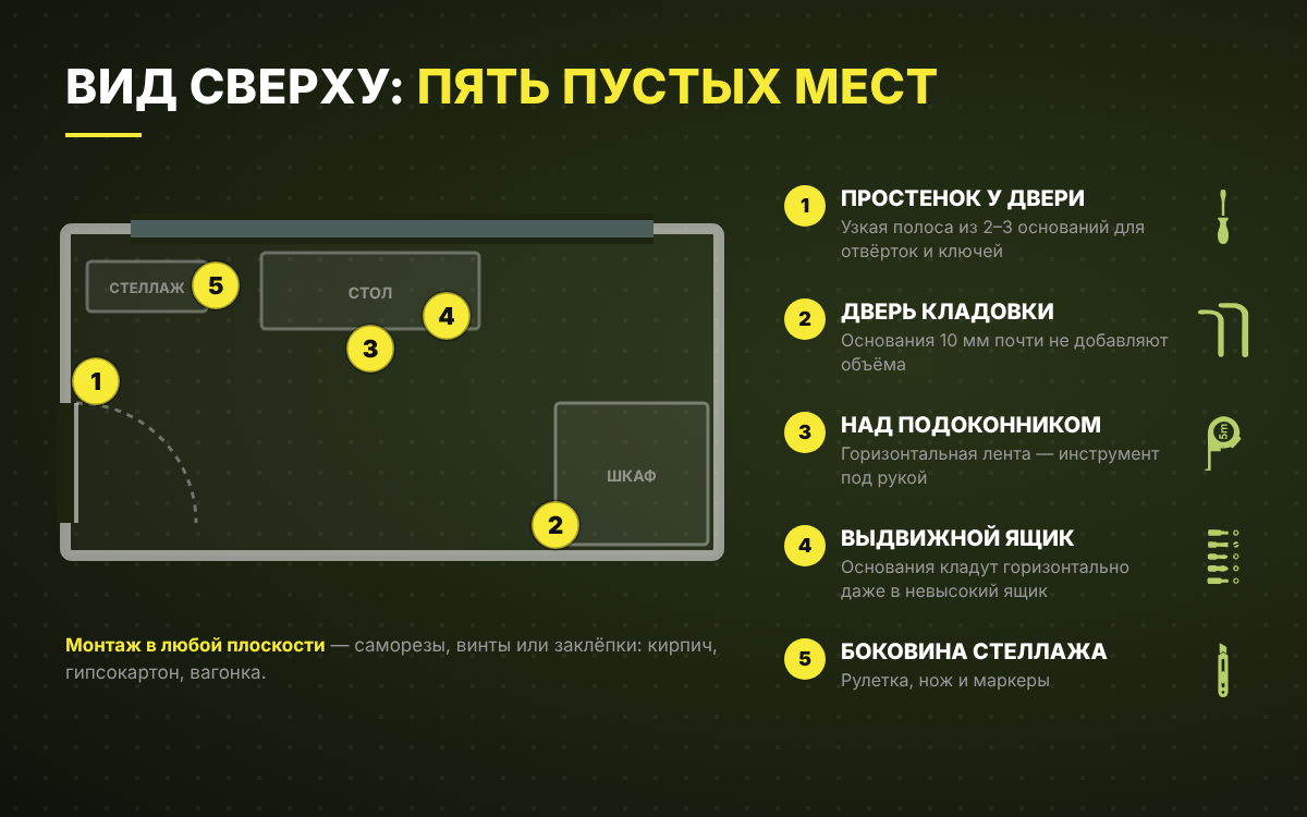 План балкона сверху: пять мест для хранения инструмента