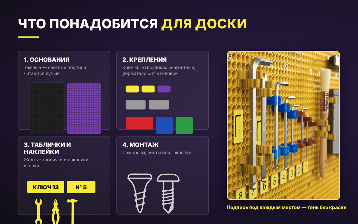 Что понадобится для теневой доски: основания, крепления, таблички, наклейки, саморезы